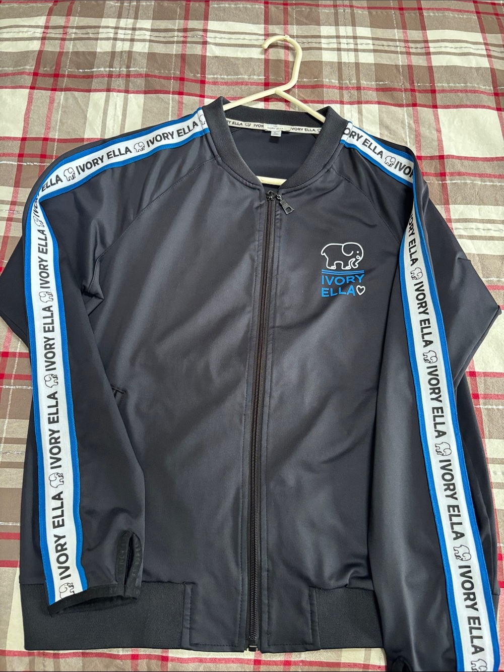 ivory ella Black Track Jacket with Blue and White Logo Trim